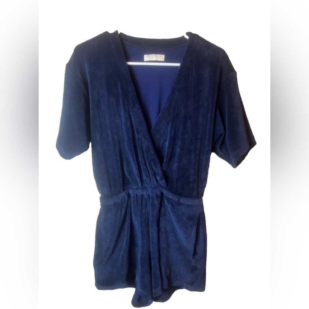 SUZIE KONDI Navy Wrap-Front Romper Beach Terry Cloth Size XS